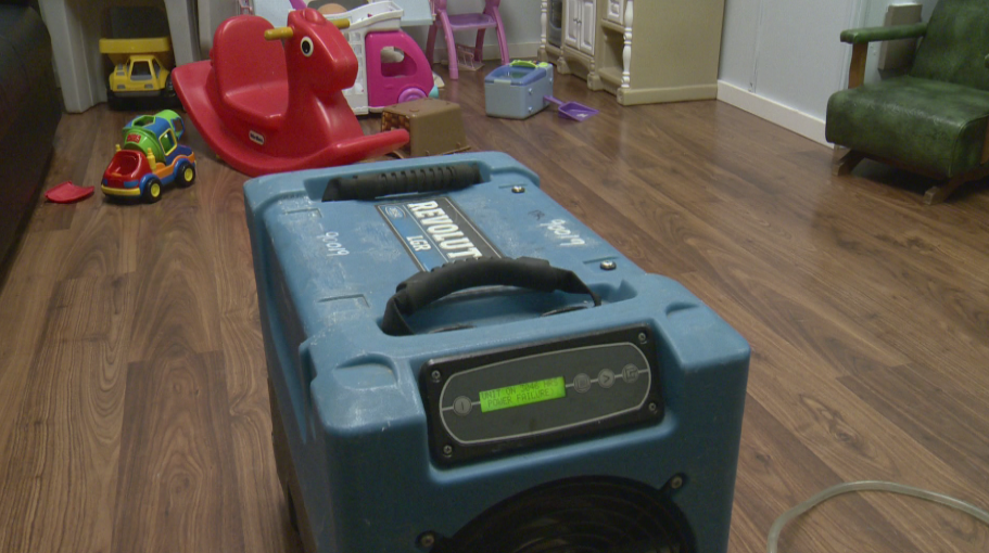 Fans on the water-damaged floors of the Ridge Meadows Child Development Centre.