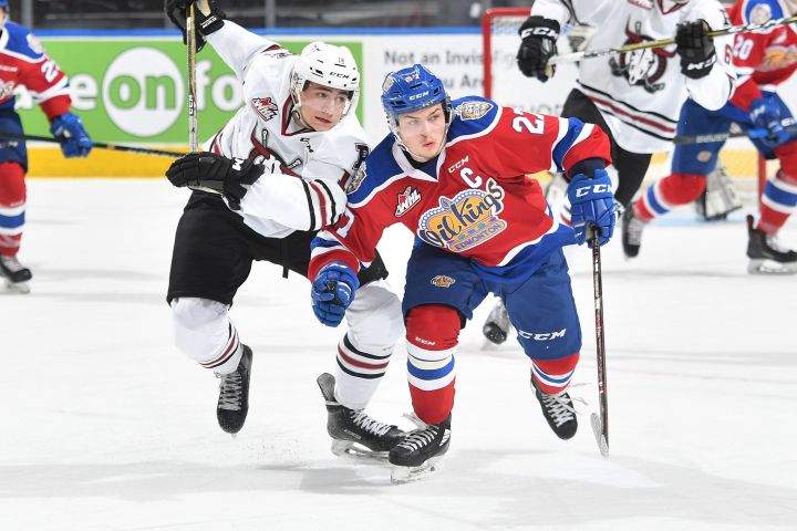 Edmonton Oil Kings Trey Fix-Wolansky (right) notched three assists in his first game as the team’s captain on Friday night vs. the Red Deer Rebels. Fix-Wolansky returned to the team after attending training camp with the NHL’s Columbus Blue Jackets.