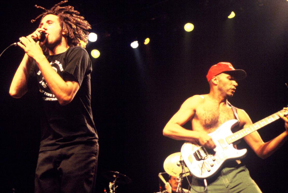 Zack De La Rocha (L) and Tom Morello of Rage Against the Machine perform at the San Jose State Event Center on Sept. 3, 1996 in San Jose California.