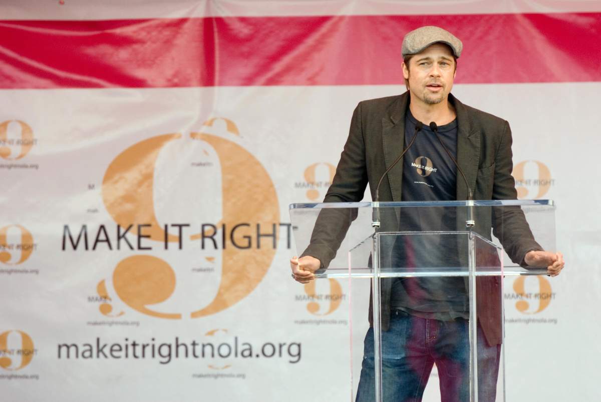 Brad Pitt addresses a press conference about his plans to spend US$12 million with his "Make It Right Project" to build 150 ecologically sustainable homes Dec. 3, 2007 in New Orleans.