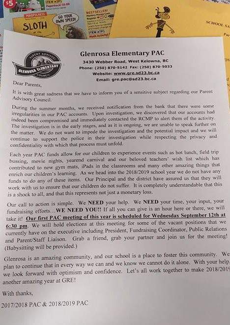 A letter from the Glenrosa Elementary School Parent Advisory Council went home with children Thursday.