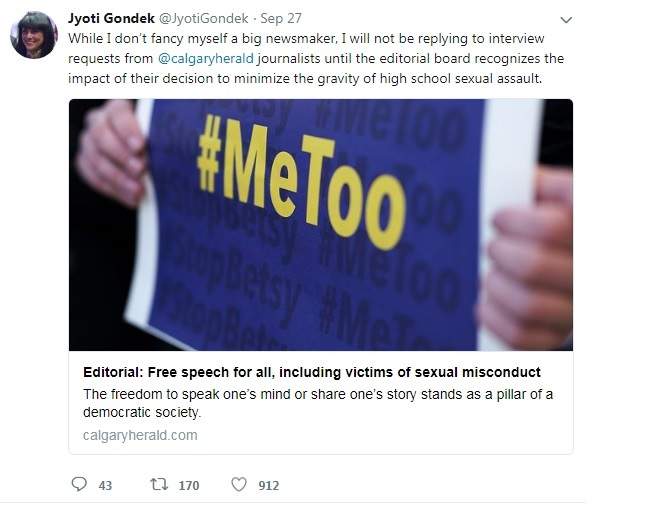 Councillor Jyoti Gondak tweets that she won’t be responding to Calgary Herald interview requests.