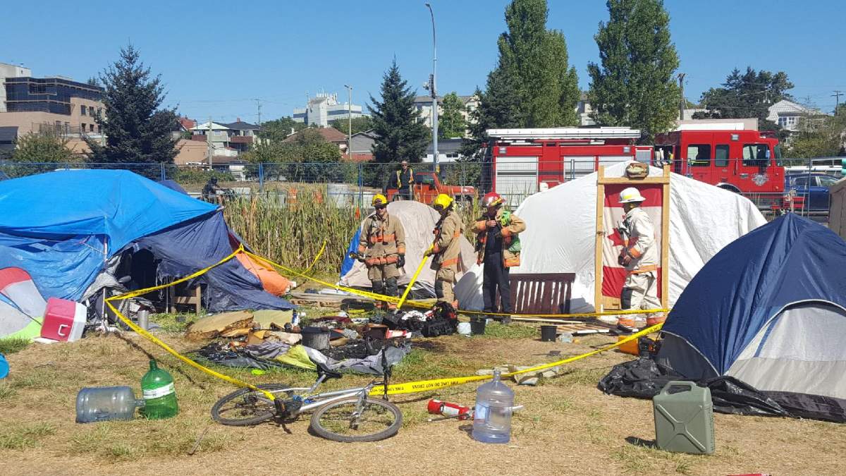 Camp advocates say residents used donated fire extinguishers to put out the fire and prevent it from spreading. 