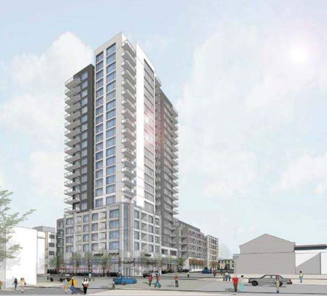 An architectural drawing of Homestead’s proposed 23-storey building bordering King, Queen and Ontario Streets.