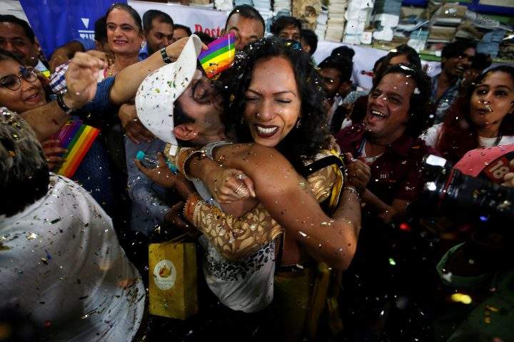 Supporters of the lesbian, gay, bisexual and transgender (LGBT) community celebrate after the Supreme Court’s verdict of decriminalizing gay sex and revocation of the archaic Section 377 law, at an NGO in Mumbai, India, September 6, 2018.