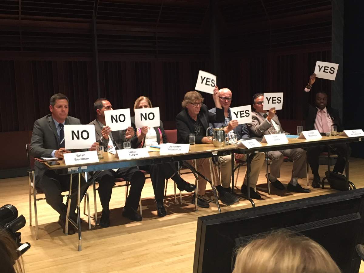 Mayoral candidates answer a question at a forum discussing environmental issues Tuesday night.