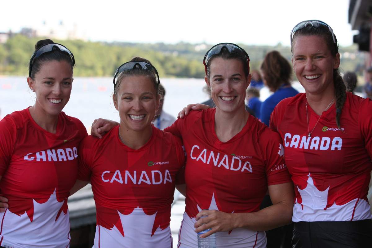 Courtney Stott, Lissa Bissonnette, Michelle Russell and Madeline Schmidt won gold in the Senior Women 500 m race on Thursday. 