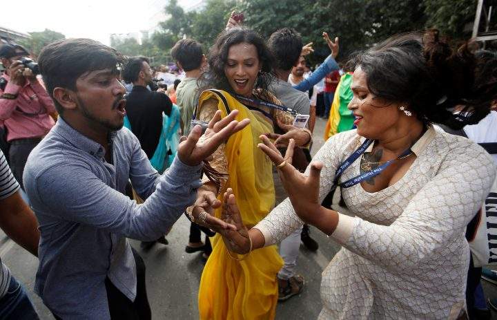 Supporters of the lesbian, gay, bisexual and transgender (LGBT) community celebrate after the Supreme Court’s verdict of decriminalizing gay sex and revocation of the Section 377 law, during a march in Mumbai, India, September 6, 2018.