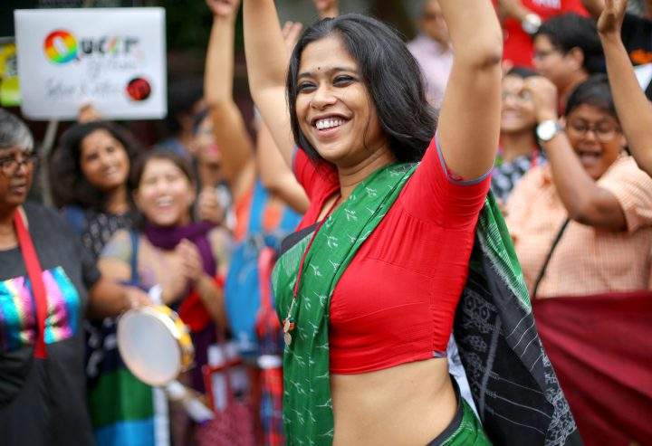 Indian activists of the lesbian, gay, bisexual, and transgender (LGBT) community celebrate during a rally after the verdict at the Supreme Court in Kolkata, Eastern India, 06 September 2018.