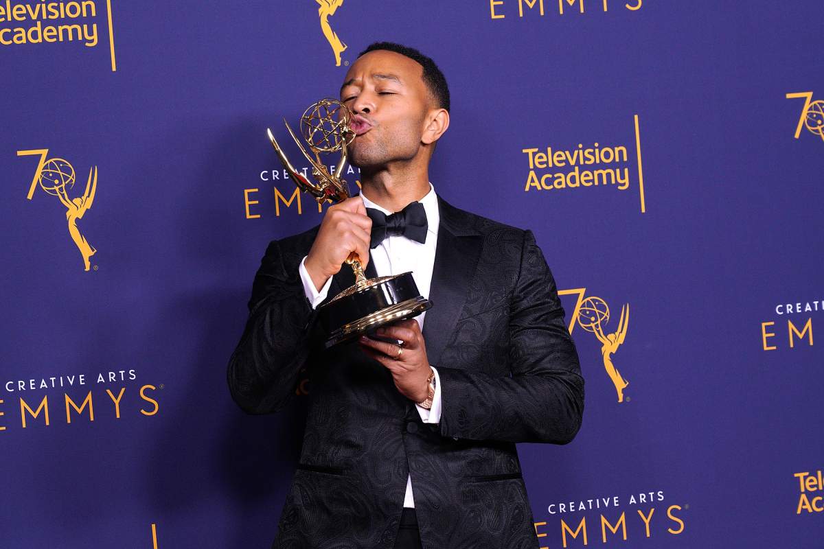 John Legend, winner of the award for outstanding variety special for ‘Jesus Christ Superstar Live in Concert’, poses in the press room during the 2018 Creative Arts Emmy Awards.