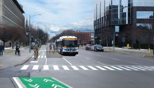 The report from city staff included this previously prepared visual rendering for the Queens Avenue cycle track. Staff say it's similar to the preferred plan for King Street. 