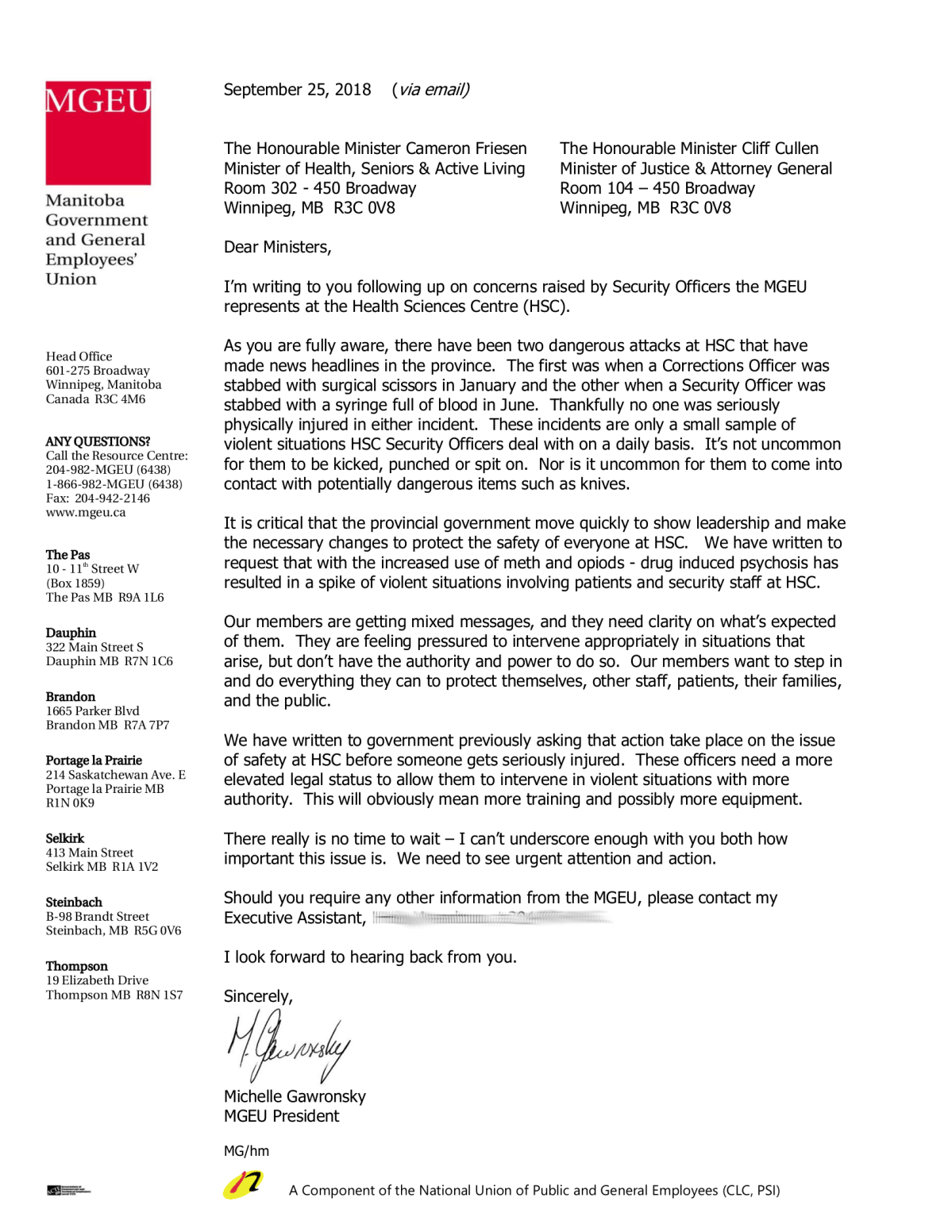 The letter written to the province about meth attacks at HSC.
