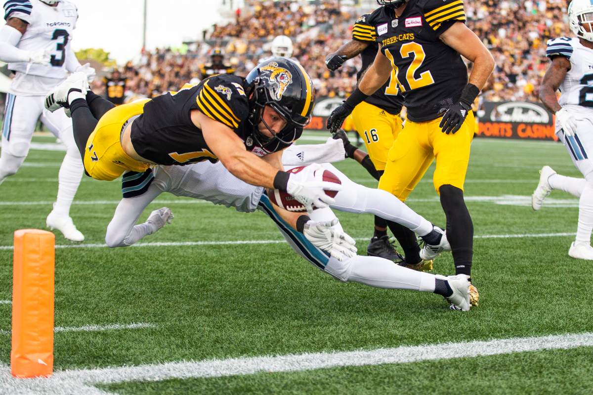 Hamilton's Luke Tasker dives into the end zone for a touchdown during first quarter CFL action against the Toronto Argonauts in Hamilton on Monday, September 3, 2018.