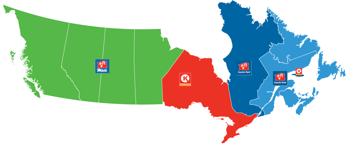 A map showing how Alimentation Couche-Tard’s brands are distributed across Canada.
