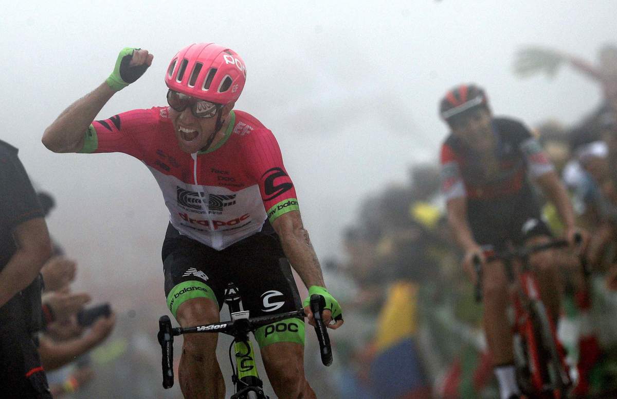 Canadian rider Michael Woods, of Education First team, reacts after winning the 17th stage of the 2018 La Vuelta cycling tour, over 157 km from Getxo to Mount Oiz, Basque Country, northern Spain, 12 September 2018.