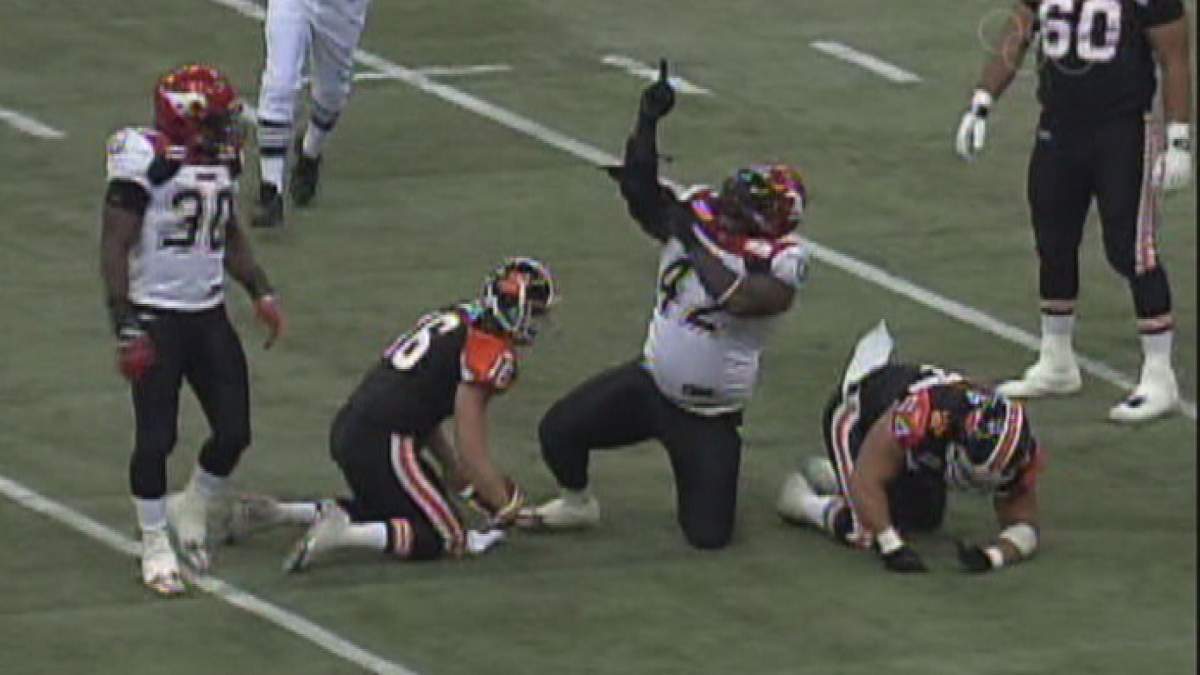 Mike Labinjo, sporting #42, was a “standout in the 2008 West final win over the BC Lions,” the Calgary Stampeders said on Saturday.