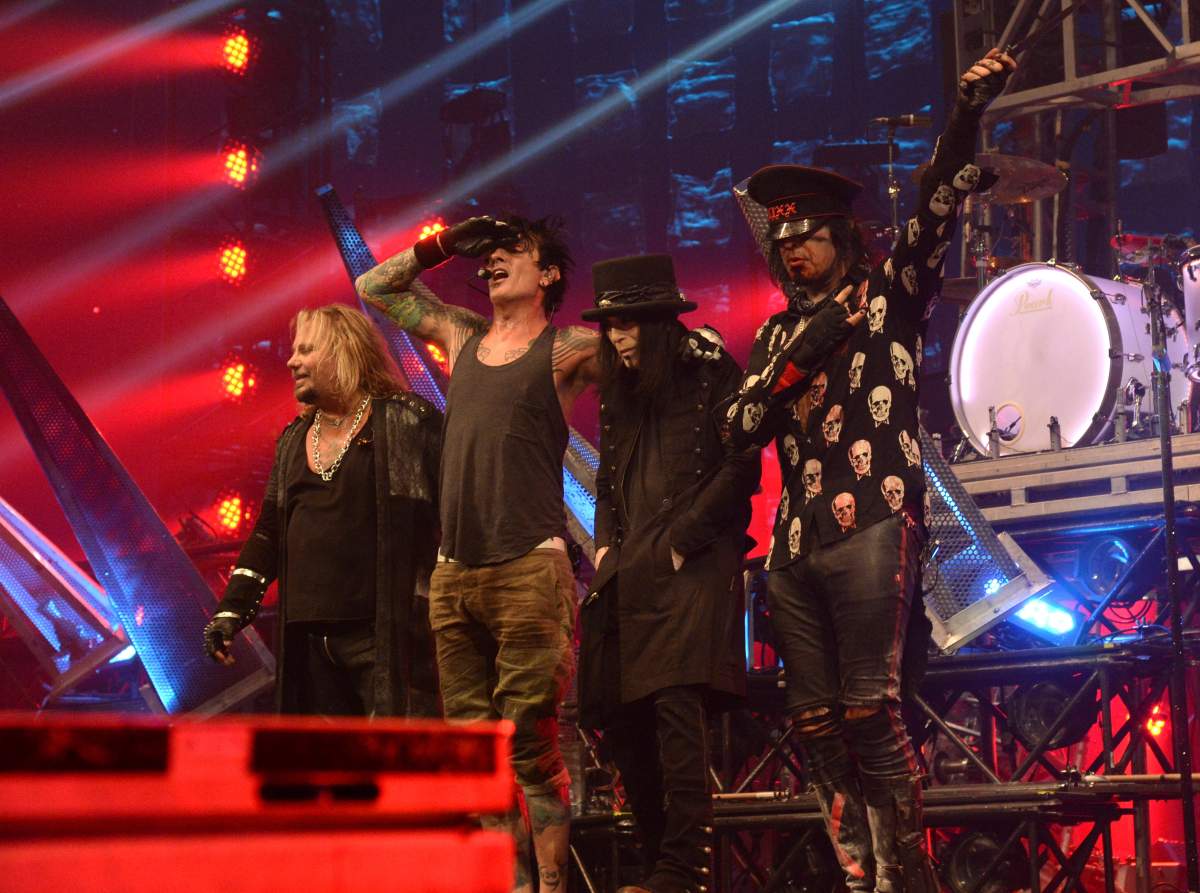 Vince Neil, Tommy Lee, Mick Mars and Nikki Sixx bow onstage during Mötley Crüe: The Final Tour ‘All Good Things Must Come To An End’ in New York City.