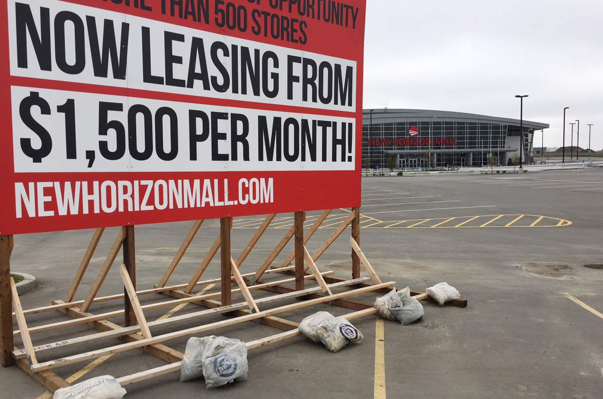 A sign is seen outside of the New Horizon shopping mall in Balzac, Alta., north of Calgary on Thursday, Sept. 20, 2018.