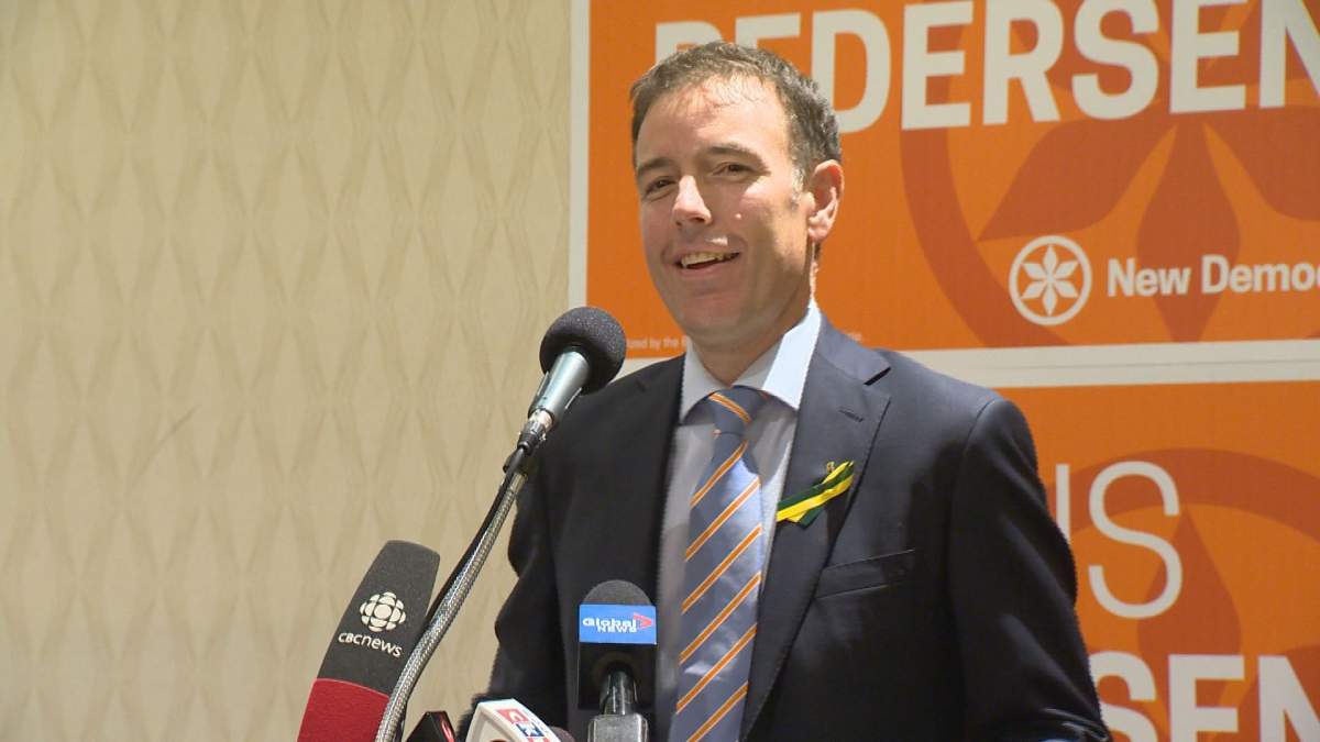 NDP candidate Yens Pedersen speaks following his victory in the Regina Northeast byelection. 