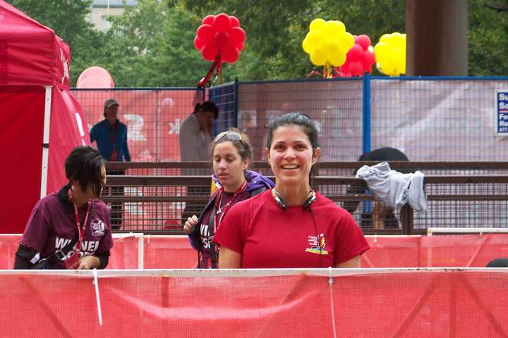 Sandra Elia at a race finish line, years after she began to lose weight.