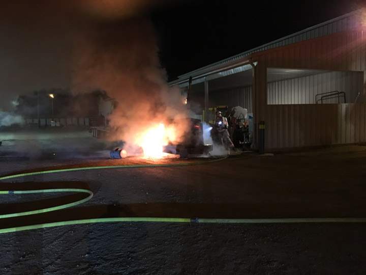Saskatoon firefighters arrived at 126 English Cres. to find a semi on fire and an adjacent building threatened by flames.