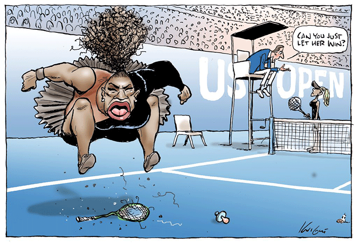 An Australian newspaper has come under fire for a “racist” editorial cartoon depicting Serena Williams as an angry baby throwing a tantrum on a tennis court, smashing her racket.