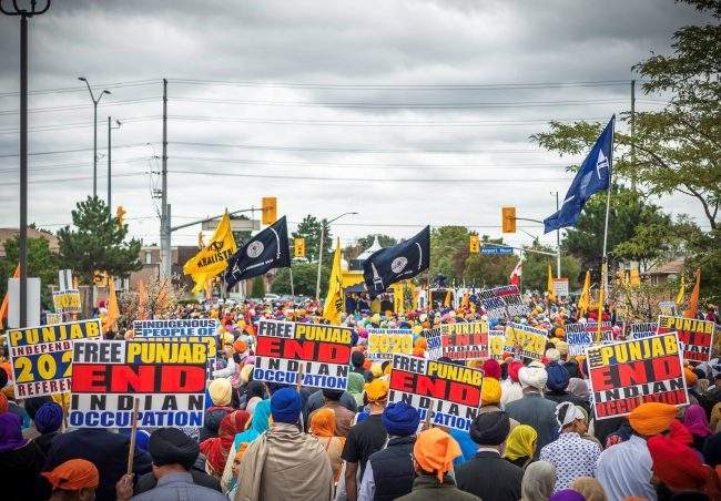 Sikhs attend a rally calling for a referendum on the creation of a Sikh state called Khalistan, Sept. 9, 2018, in Brampton, Ont.
