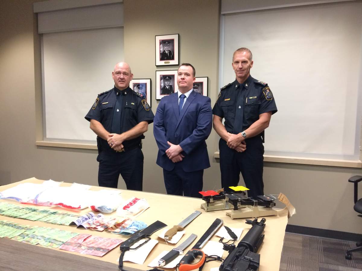 (Left to right) Inspector of Police Operations Hank Zehr, Detective Constable Frank Boyes, and Police Chief Chris Herridge held a news conference on Tuesday, September 25, 2018 to reveal the items seized during a lengthy investigation by St. Thomas police.
