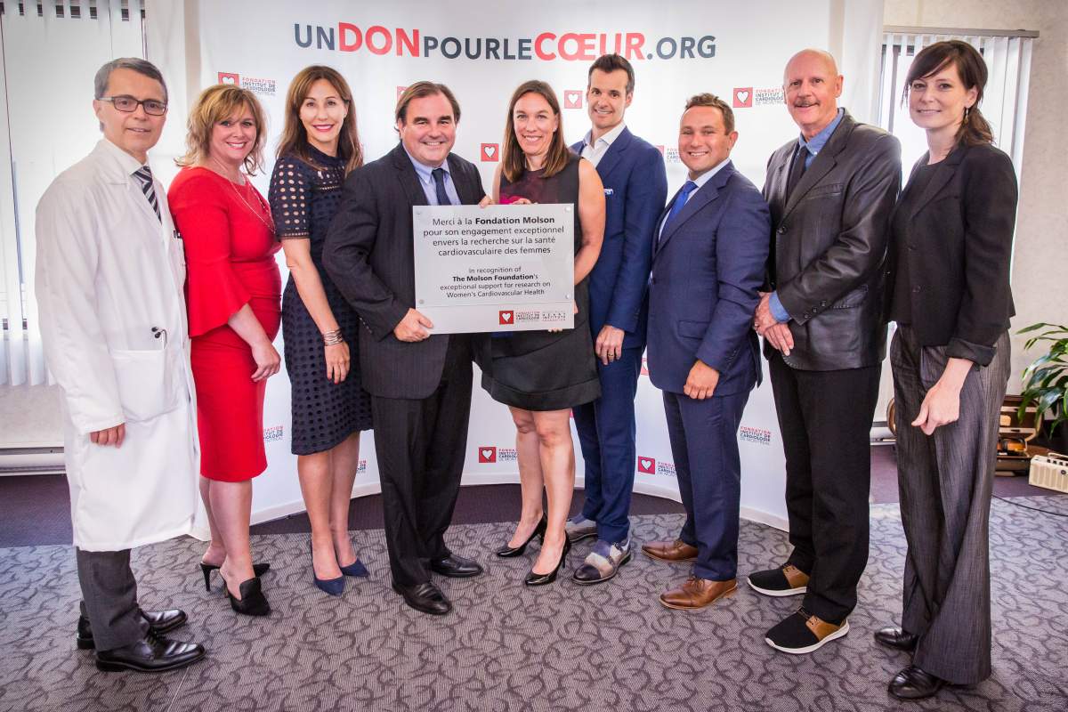 From left: Dr. Jean-Claude Tardif, Martine Bouchard, Josée Noiseux, Andrew T. Molson, Mélanie La Couture, Lino A. Saputo Jr., Vince Barletta, Dr. Grant Pierce, Dr. Marie-Pierre Dubé.