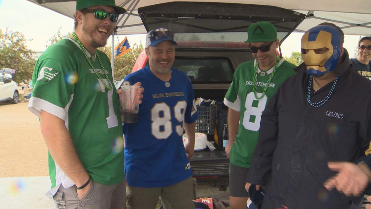 Winnipeg Blue Bombers and Saskatchewan Roughriders' Fans tailgate ahead of the 15th annual Banjo Bowl.