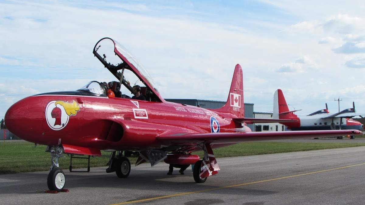 The restored Canadian T33 that teams will attempt to pull across the apron at the Jet Aircraft Museum.
