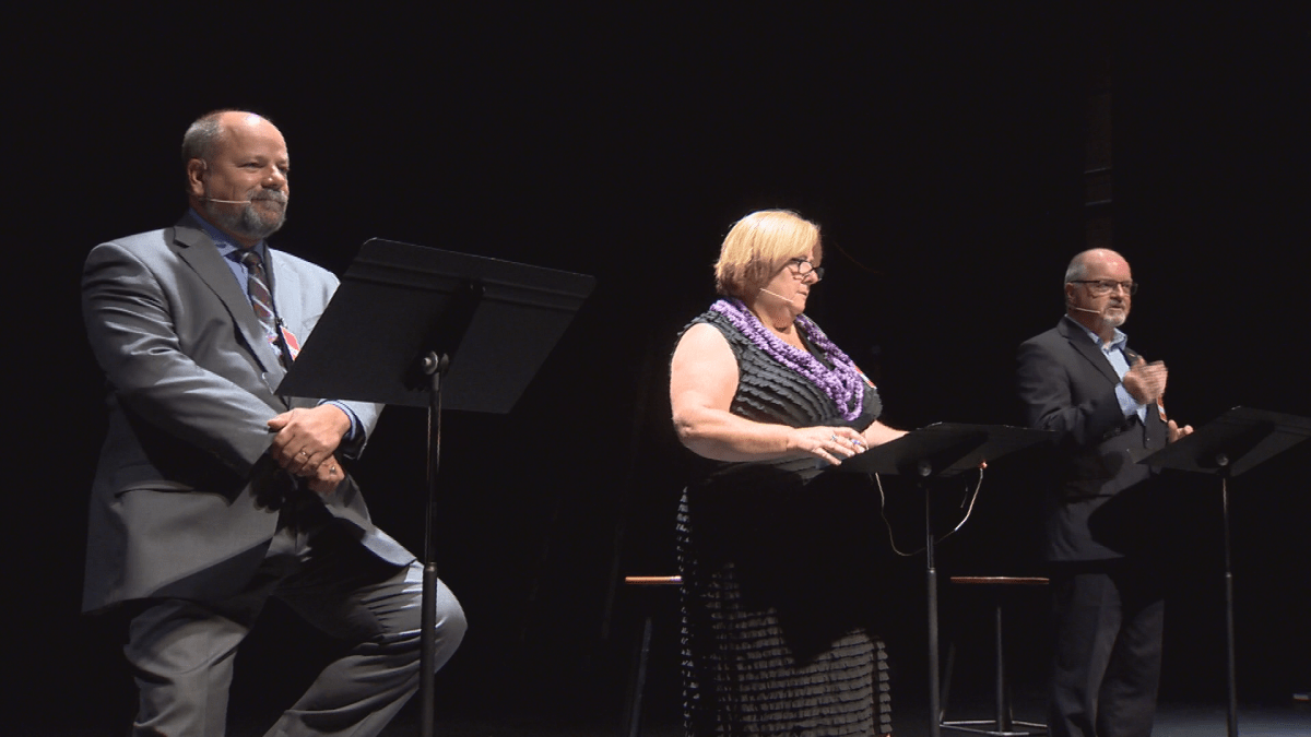 The debate featured, from left to right, Liberal candidate Brent Mazerolle, Heather Collins of the People’s Alliance, and Progressive Conservative incumbent Bruce Fitch