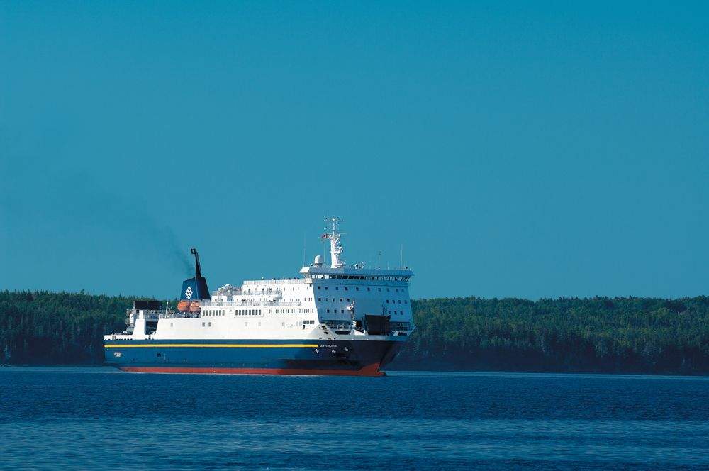 The MV Leif Ericson. seen here in a photo from Marine Atlantic, helped rescue three crew members from a fishing vessel who were in the water Monday night. 