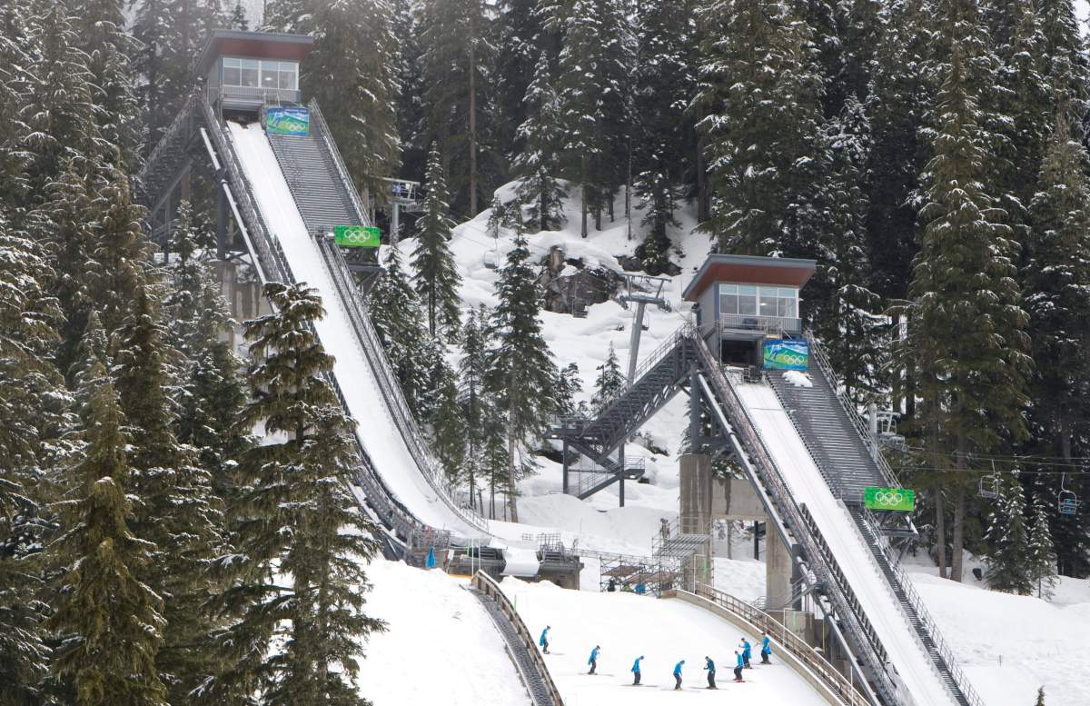 Course workers are seen preparing the landing area at the ski jump venue in Whistler Olympic Park in Whistler, B.C. Friday, Feb. 5, 2010.