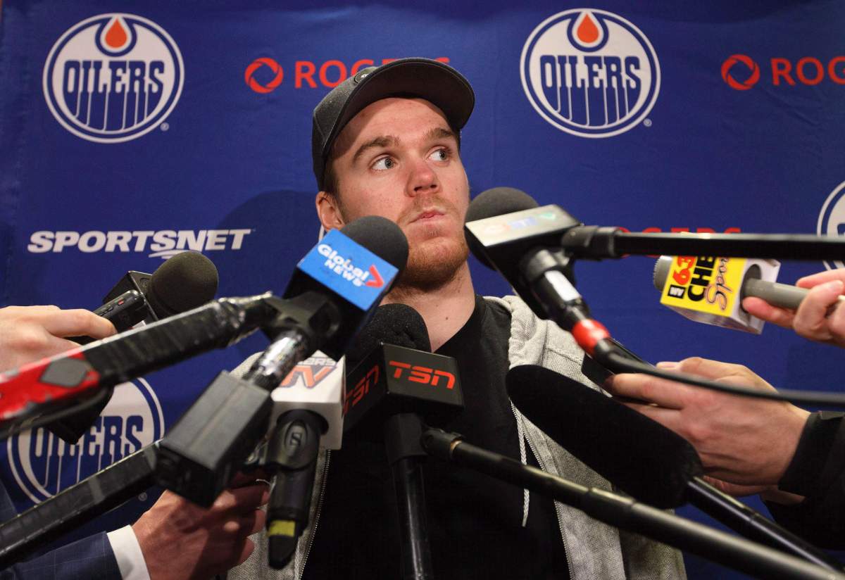 Edmonton Oilers’ Connor McDavid speaks to media in Edmonton, Alta., on Friday May 12, 2017. The Oilers lost game 7 to the Anaheim Ducks in the second round of the NHL playoffs.