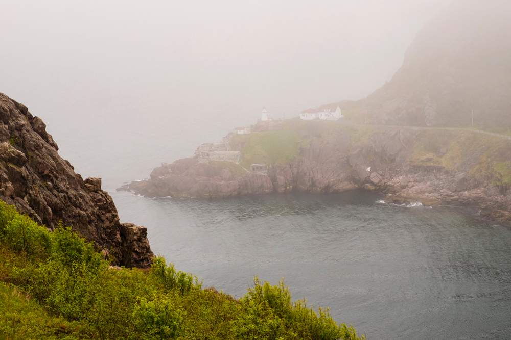View of Fort Amherst in the fog from Signal Hill, St. John's, Newfoundland.