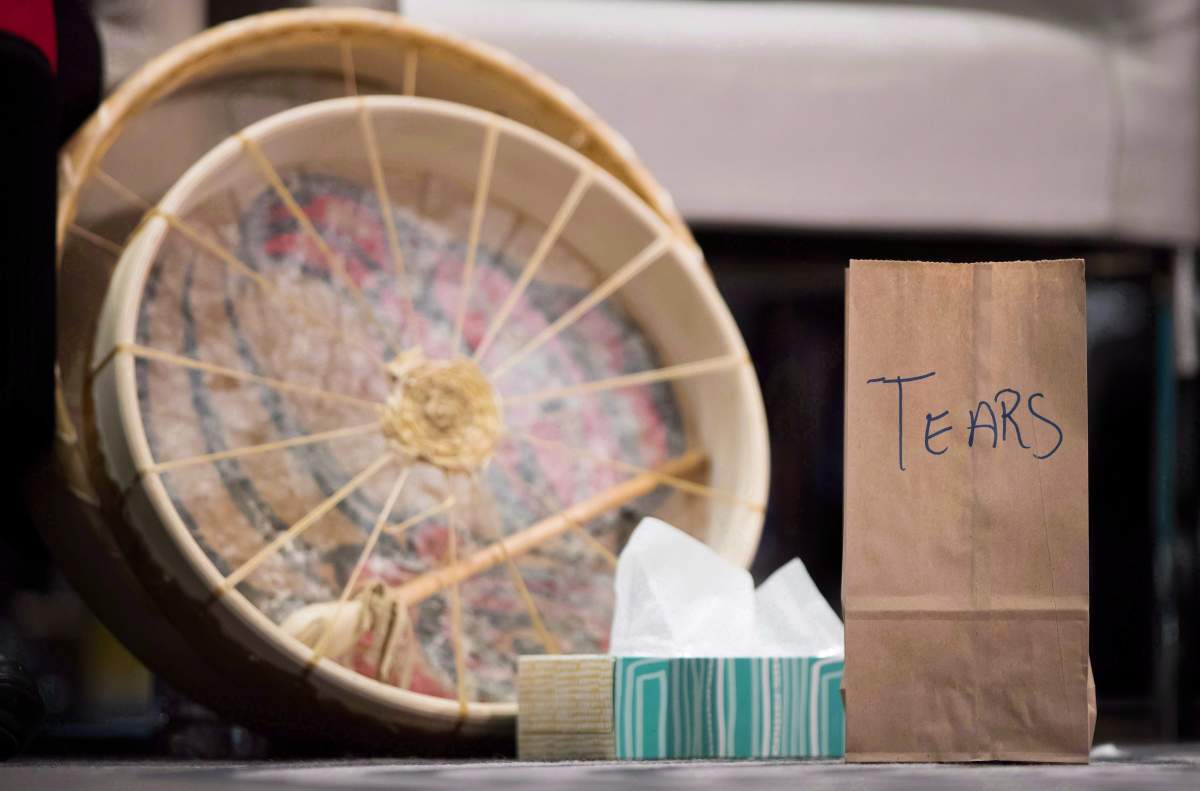 File - A paper bag used to collect the tears of those testifying, to then be burned in a sacred fire, is seen at the final day of hearings at the National Inquiry into Missing and Murdered Indigenous Women and Girls, in Richmond, B.C., on Sunday April 8, 2018. 