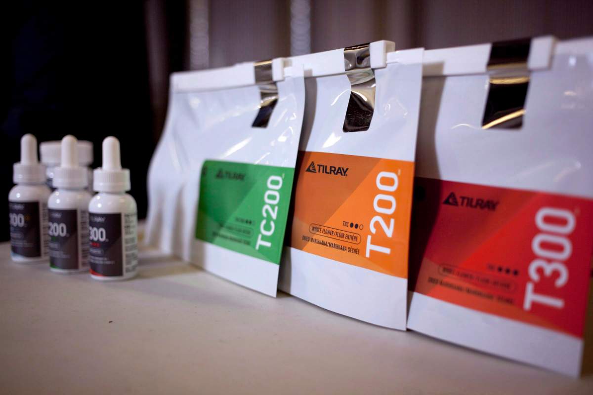 Tilray's product line of capsules, oils, and dried marijuana are shown at head office in Nanaimo, B.C., on Thursday, November 29, 2017. 