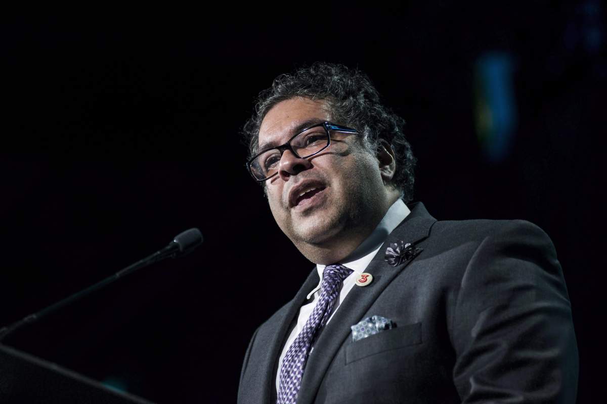 Calgary Mayor Naheed Nenshi speaks after receiving an award from Prime Minister Justin Trudeau during the Public Policy Testimonial Dinner in Toronto on Thursday, April 20, 2017.