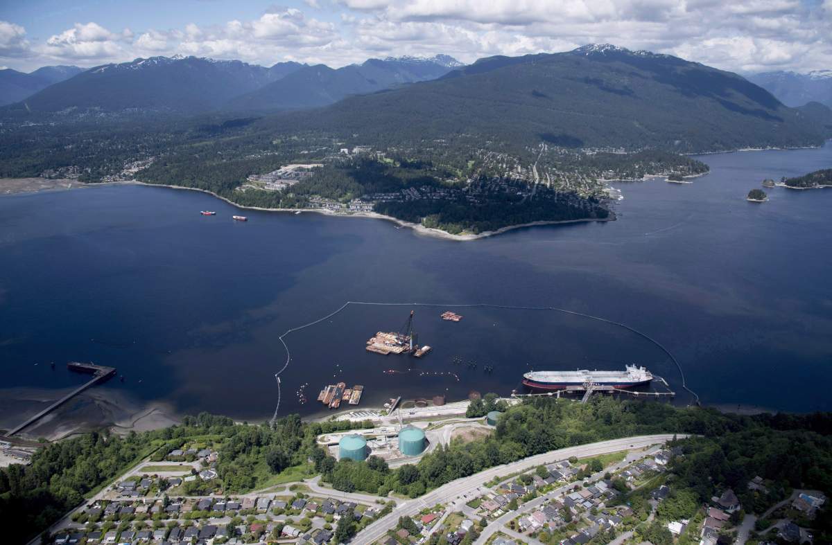 The National Energy Board says it has granted intervenor status to 98 applicants for an upcoming hearing to reconsider approval of the Trans Mountain pipeline expansion project. A aerial view of Kinder Morgan's Trans Mountain marine terminal, in Burnaby, B.C., is shown on Tuesday, May 29, 2018. 