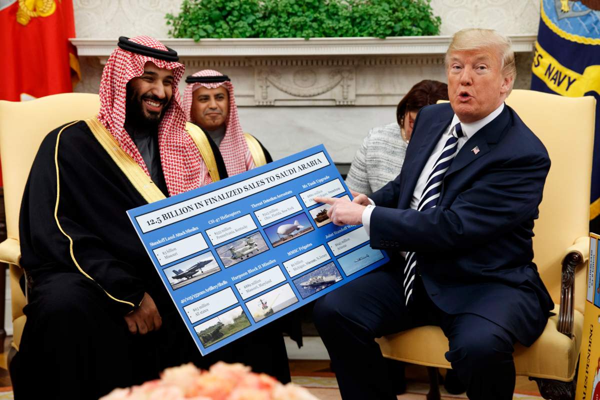 FILE – In this Tuesday, March 20, 2018 file photo, President Donald Trump holds a chart highlighting arms sales to Saudi Arabia during a meeting with Saudi Crown Prince Mohammed bin Salman in the Oval Office of the White House in Washington.