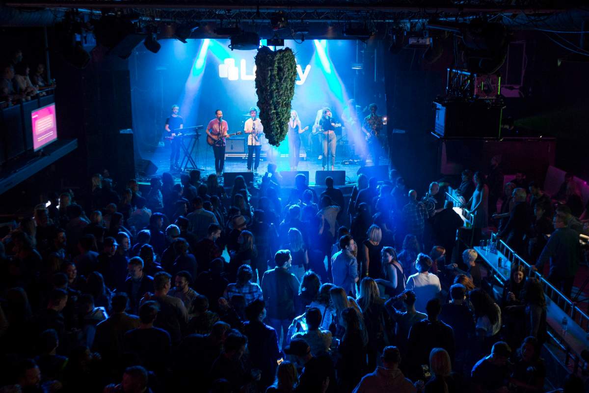 A depiction of a cannabis bud hangs from the ceiling at a band plays at Leafly’s countdown party in Toronto October 16, 2018, as they prepare to mark the legalization of Cannabis across Canada.