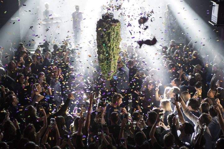 A depiction of a cannabis bud drops from the ceiling at Leafly’s countdown party in Toronto on Wednesday, Oct. 17, 2018, as midnight passes and marks the first day of the legalization of cannabis across Canada.
