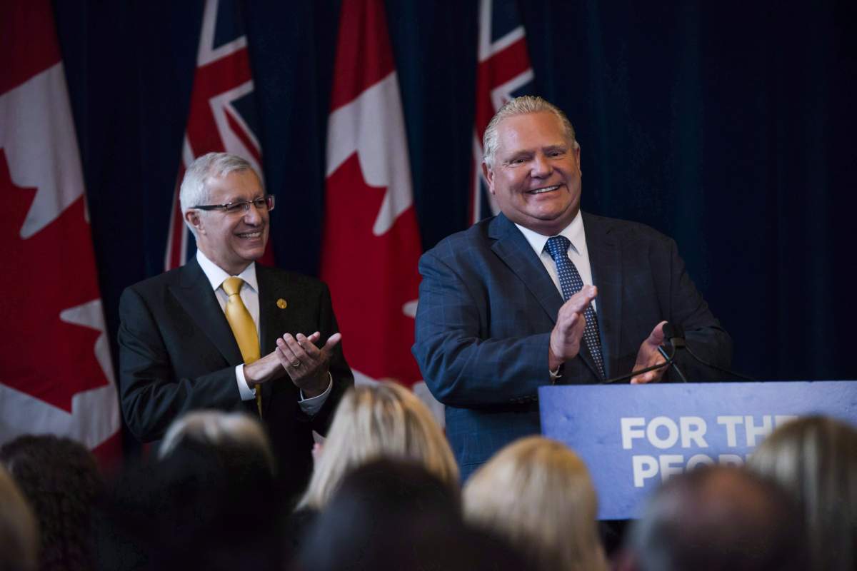 Finance Minister Vic Fedeli applauds alongside Premier Doug Ford after speaking to members of his caucus in Toronto on September 24, 2018.  