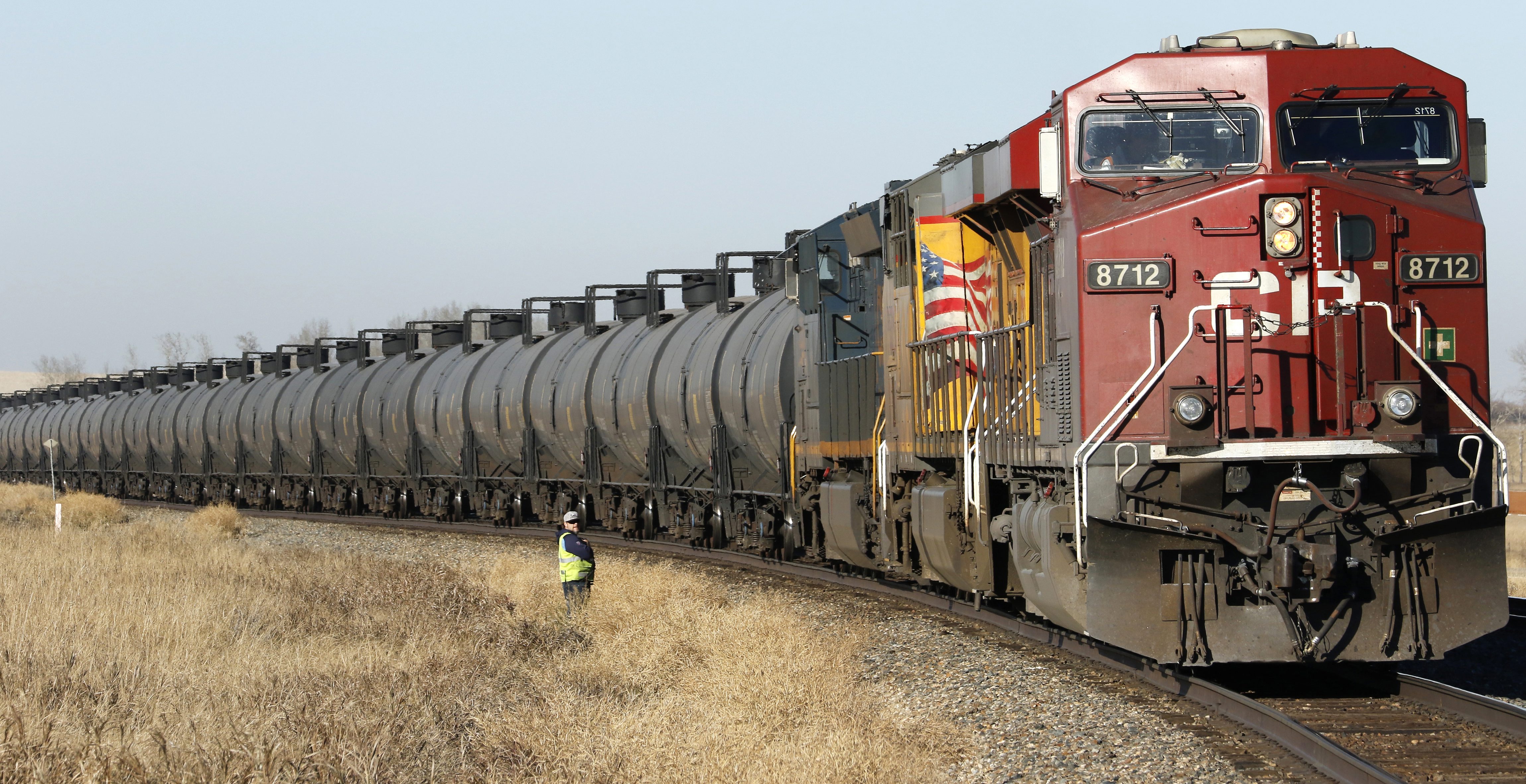 Crude oil, and other petroleum products, are transported in rail tanker cars on a Canadian Pacific Railway (CPR) train near Olds, Alberta, Canada on Tues., Oct. 23, 2018. 