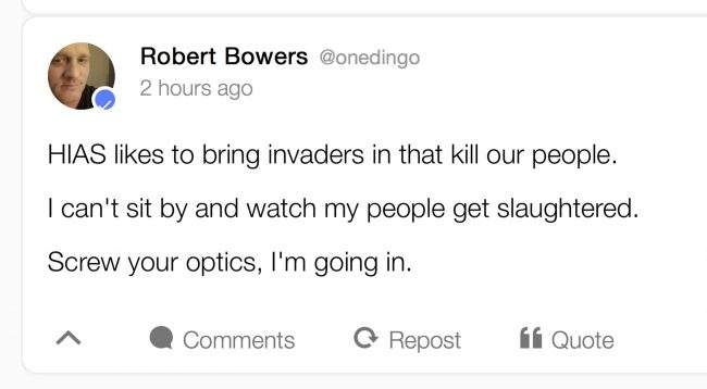 This image shows a portion of an archived webpage from the social media website Gab, with a Saturday, Oct. 27, 2018 posting by Pittsburgh synagogue shooting suspect Robert Bowers. HIAS, mentioned in the posting, is a Maryland-based nonprofit group that helps refugees around the world find safety and freedom.