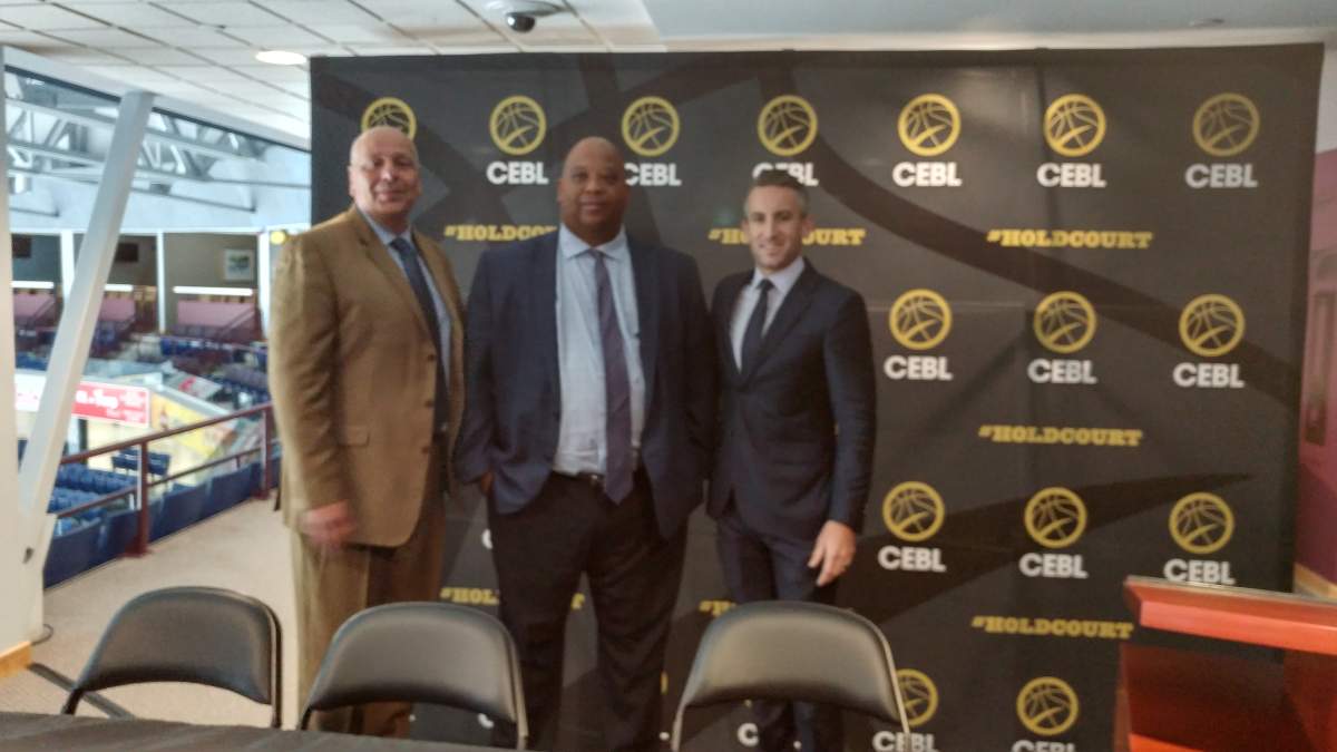 From left to right. Joe Raso, CEBL Director of Basketball Operations, Coach and GM Tarry Upshaw, and Cameron Kusch, Nighthawks President.  