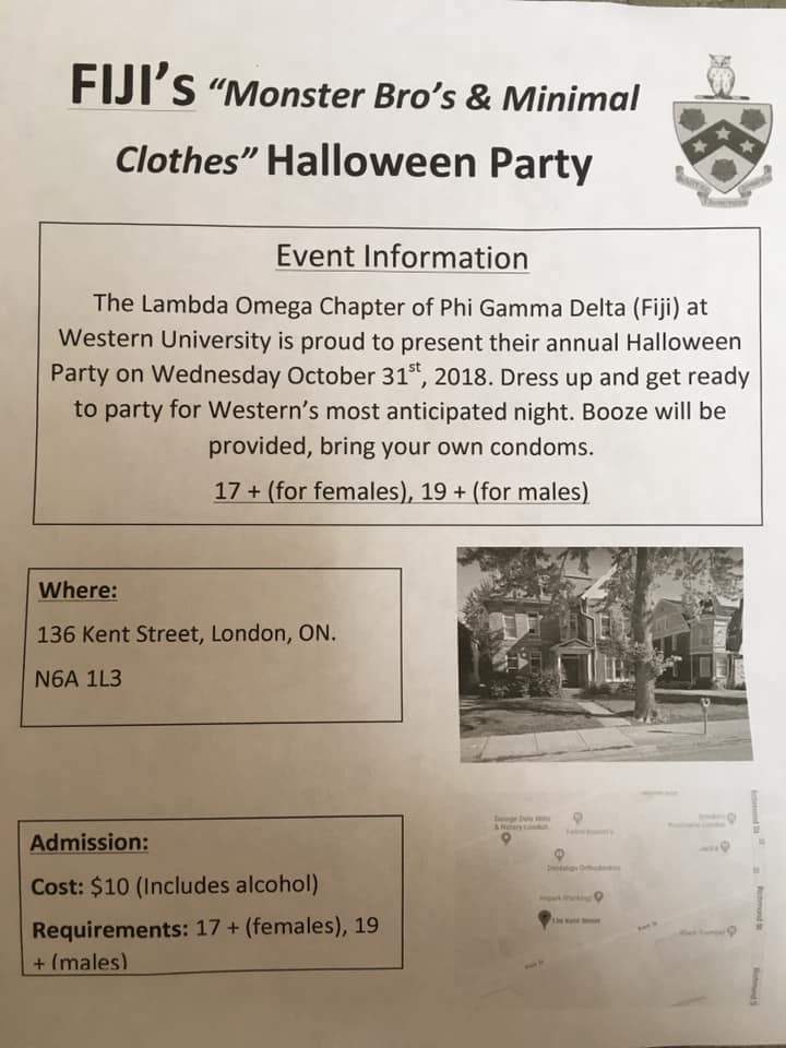 Officials with a London fraternity say the chapter had nothing to do with a flyer posted around Western University advertising a party at its Kent St. location.