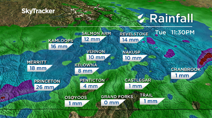 5 to 15 millimetres of rain is possible in the Central and North Okanagan by late Tuesday.