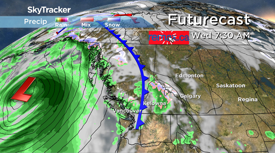 A cold front sweeping through could kick up some showers early Wednesday across the Okanagan.
